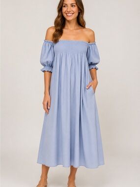 Off-Shoulder Smocked Midi Dress in Light Blue